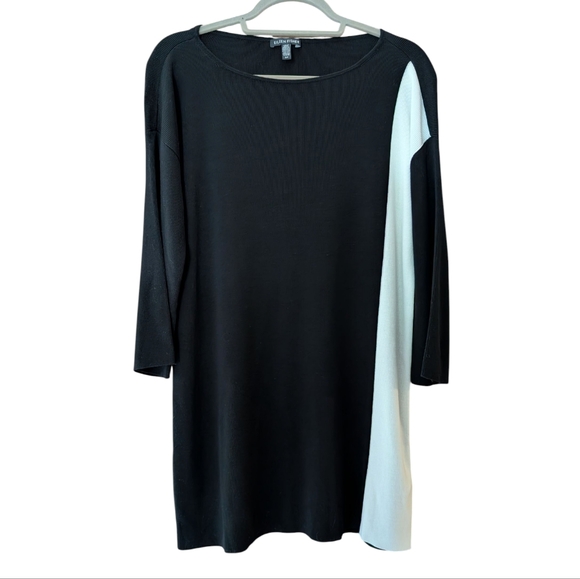 Eileen Fisher Women's Black White Color Block Tencel Bateau Neck Tunic Small - Picture 1 of 7